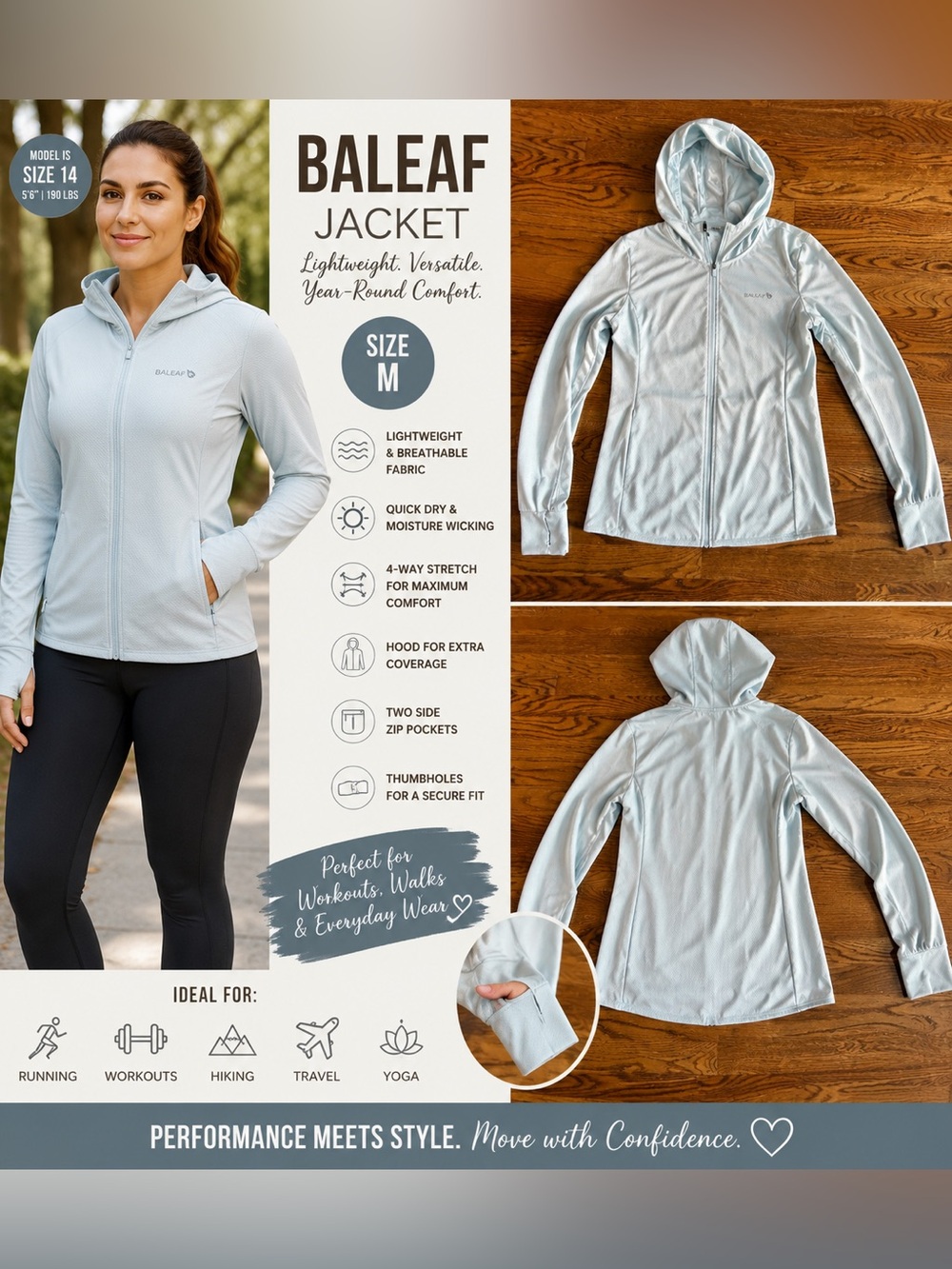 Baleaf Women’s lightweight hooded performance jacket light blue size medium